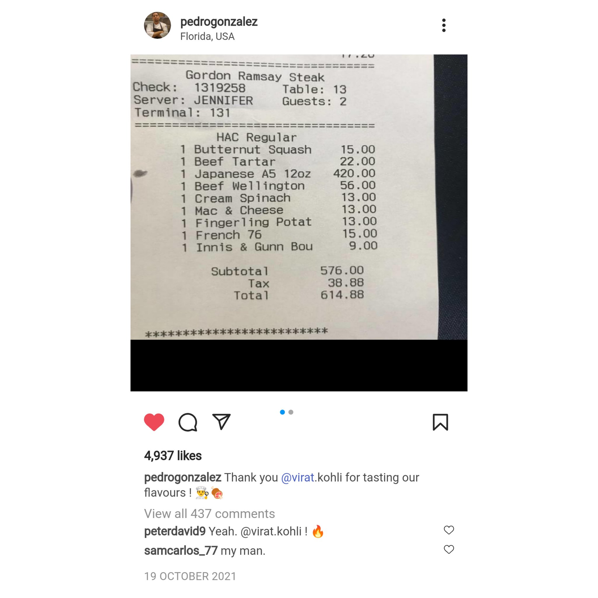 रात-दिन भक्ति में लीन रहने वाले विराट कोहली और अनुष्का शर्मा ने खाया बीफ! फ्लोरिडा के रेस्टोरेंट के बिल की तस्वीर हुई वायरल 4 Virat Kohli Bill